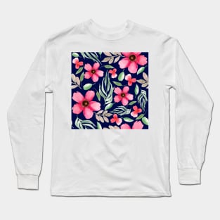 Pink Flowers | Watercolor | Pattern | Blue Long Sleeve T-Shirt